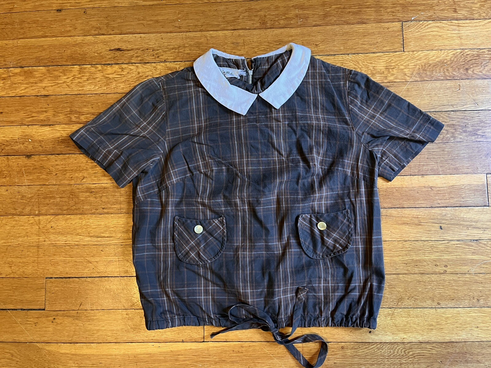 VINTAGE Helen Whiting Skirt Suit Set Brown Tartan Plaid Peter Pan Collar 60s