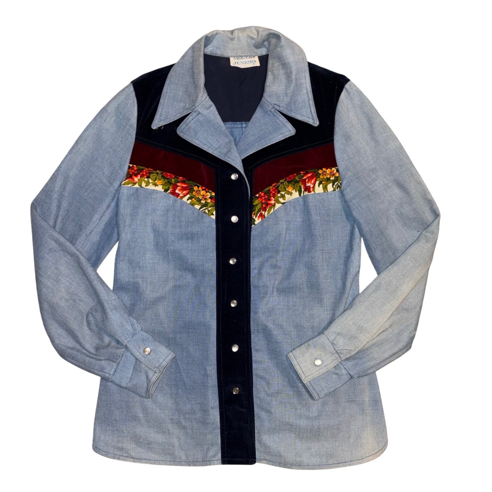 Vintage Modern Juniors Western Shirt Floral Velvet Denim Snap Front 70s Blue