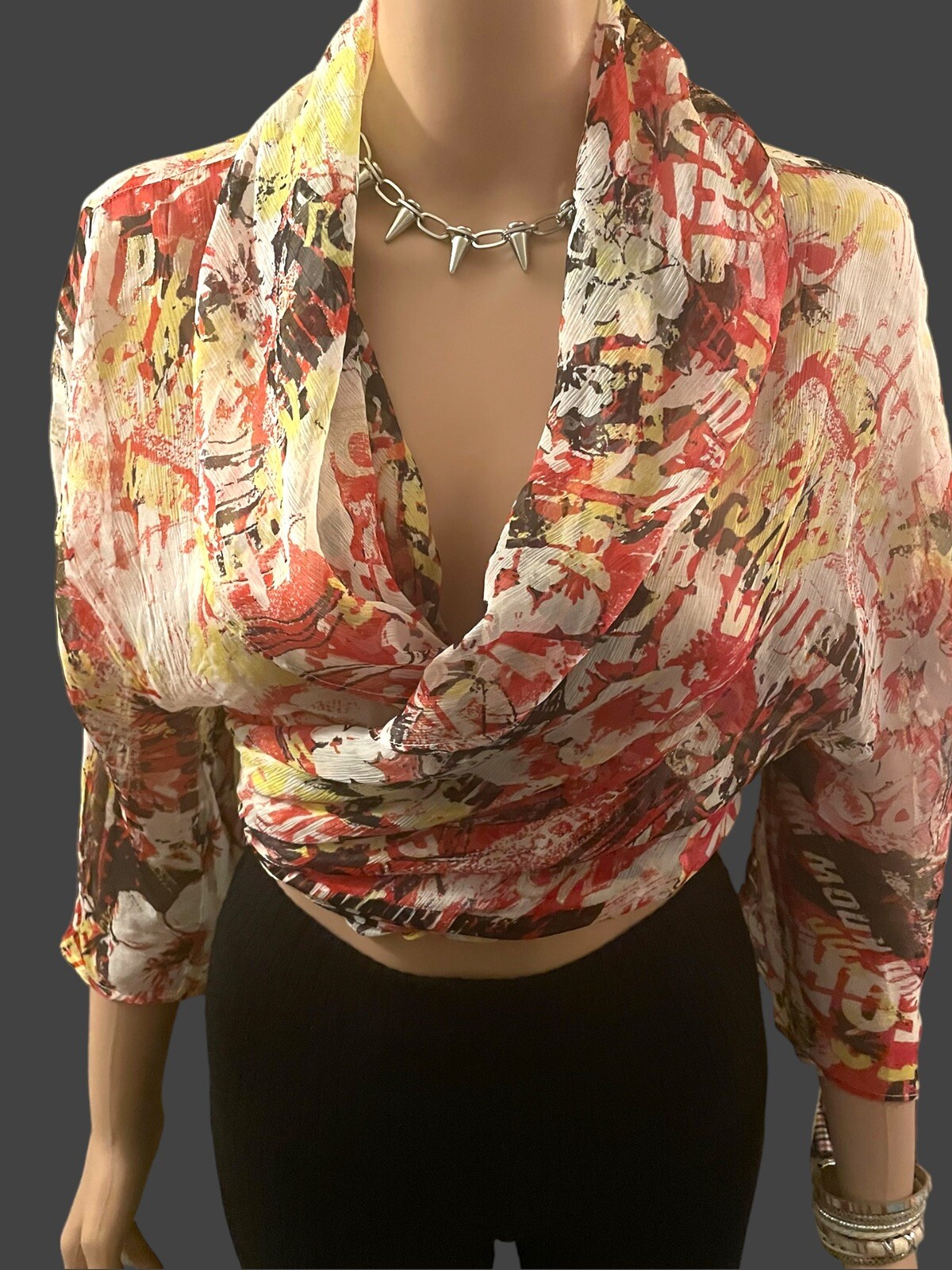Pure Silk Wrap Top Vintage 90s Sheer Silk Crepe Gold Gossamer Detail Size Small