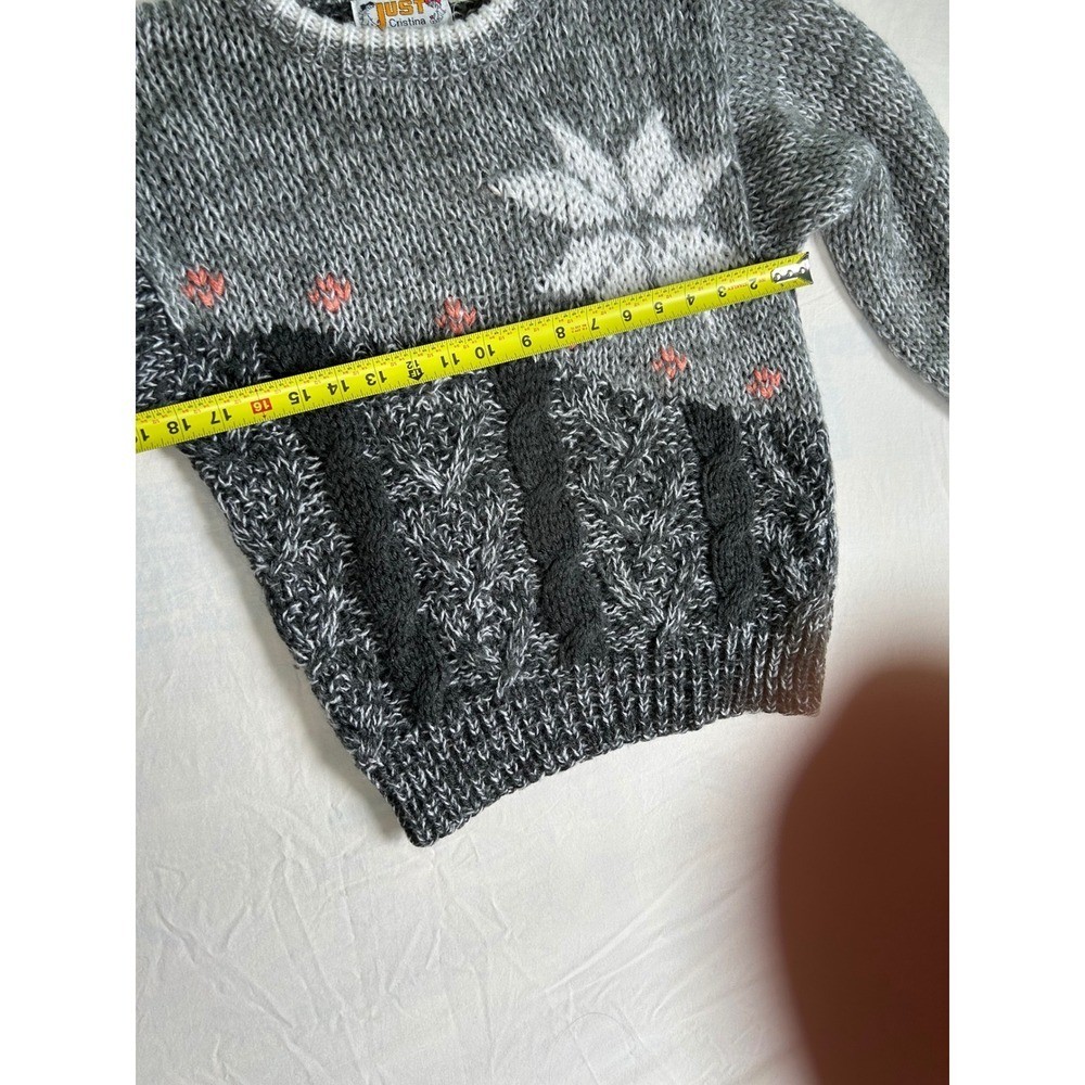 Just Cristina Vintage Grey Marl Snowflake Cable Knit Sweater Pink Floral Accents