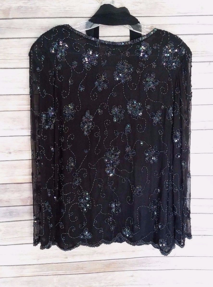 Vintage Royal Feelings Beaded Top Blouse Sheer Sleeves V-Neck 100% Silk Size M