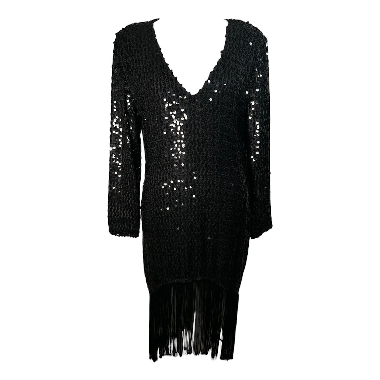 VTG 80s Joy Stevens California Black Sequined Fringe Dress Retro Womens 12