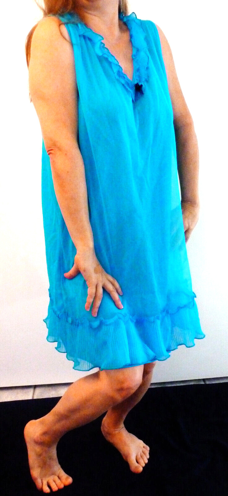 1970S PIPPA DEE BLUE DOUBLE LAYER CHIFFON CRYSTAL PLEATED SEXY NIGHTGOWN L EVC