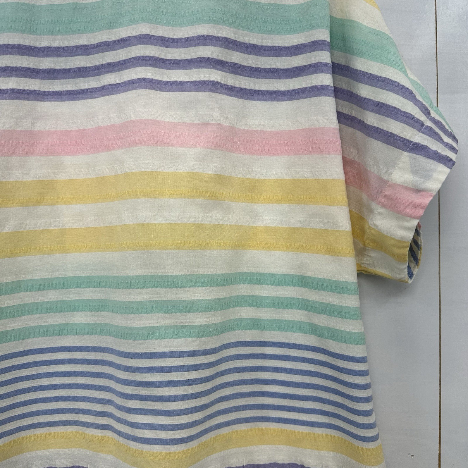 Cheryl Tiegs VTG Womans Pastel Striped Short Sleeve Button Up Shirt USA 16 READ