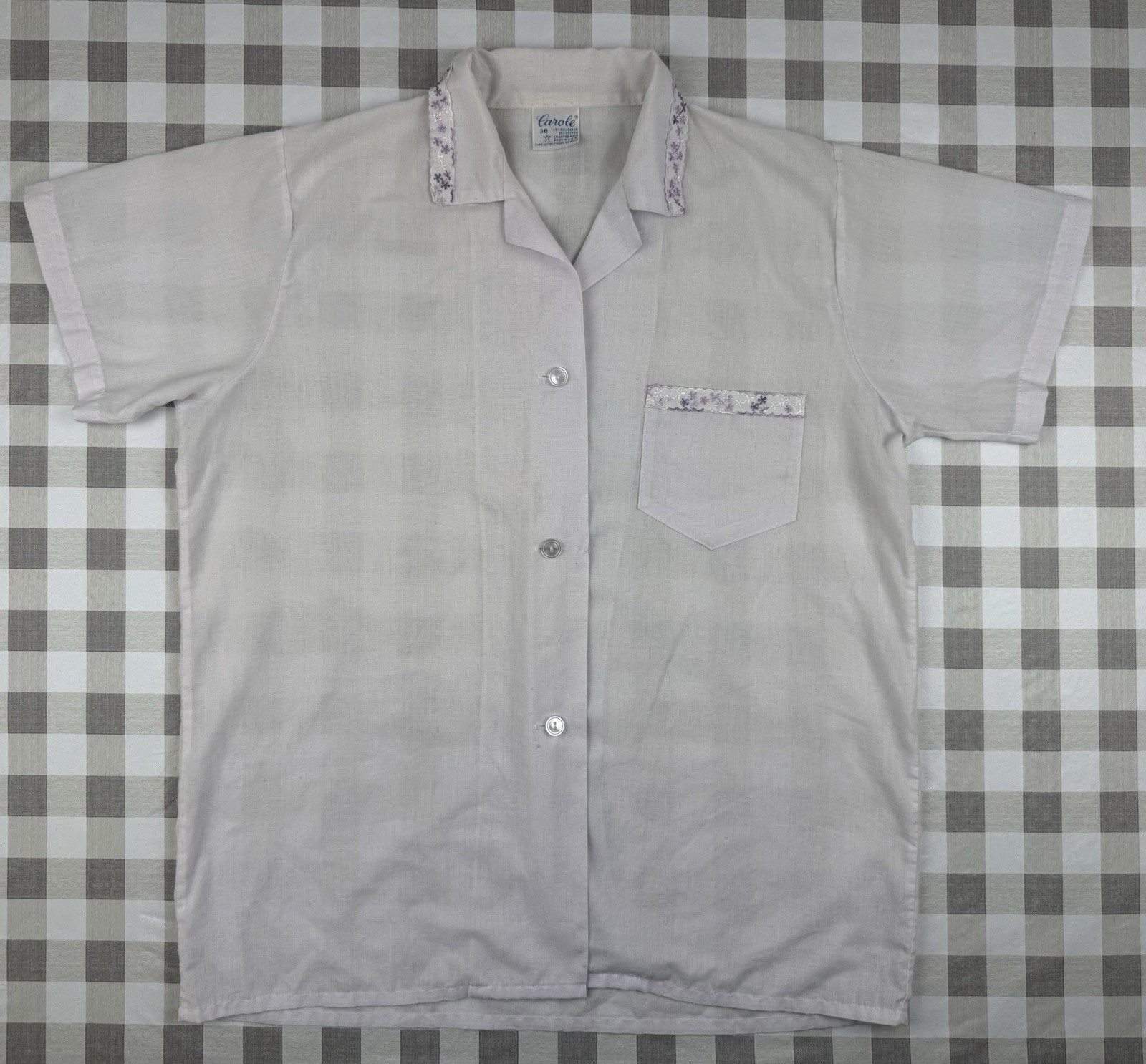 Vintage White Button Up Blouse Lavender Trim Cottagecore USA 36