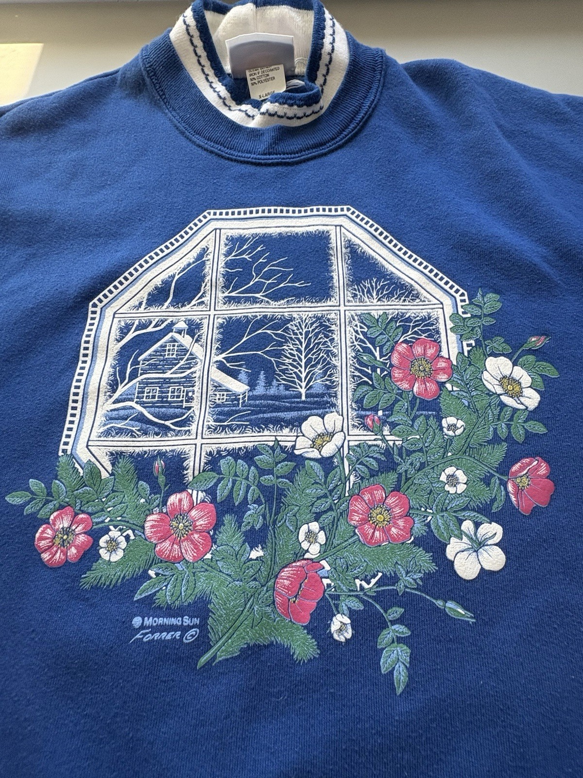 Vintage Morning Sun 90s Streetwear Women XL Farmhouse Flower Sweatshirt Blue USA