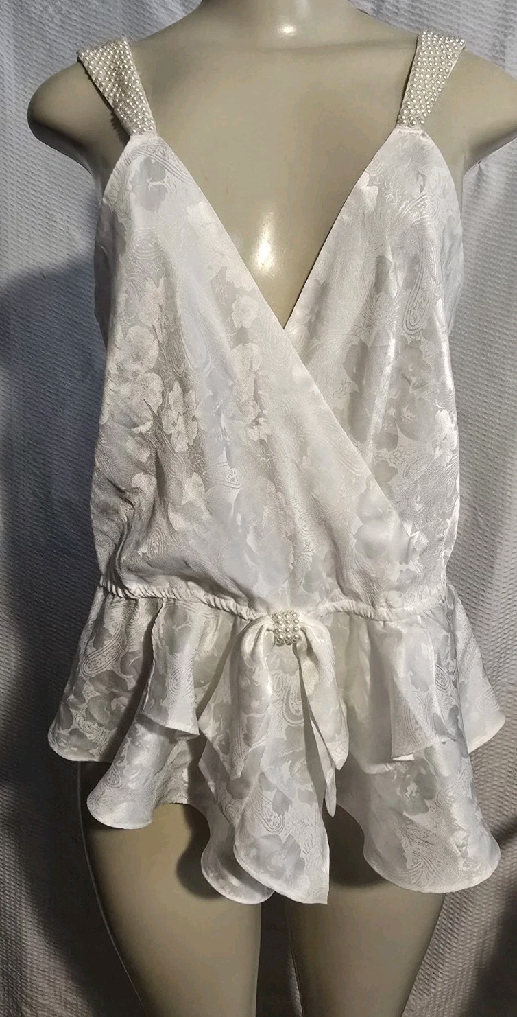 Vtg Victoria’s Secret Gold Label Satin Pearl Strap White Teddy Ruffle Bridal M/L