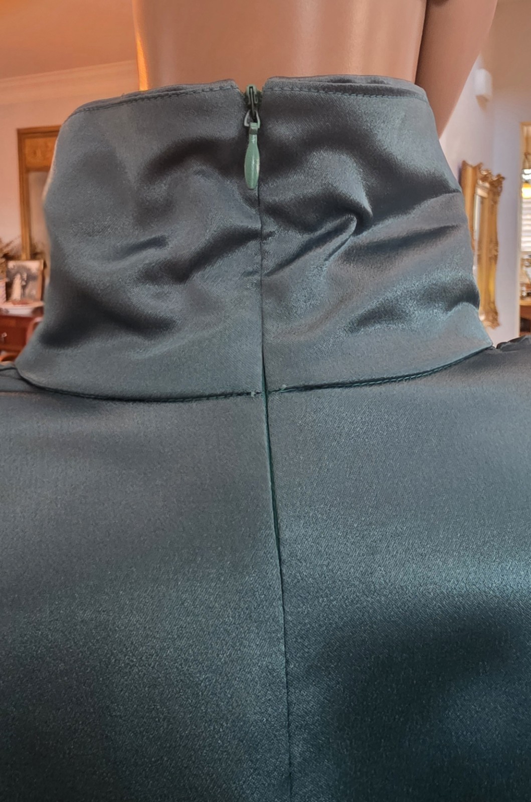 Unique Vintage 1980s Norma Kamali Green Satin Cocktail Midi Dress with Peplum