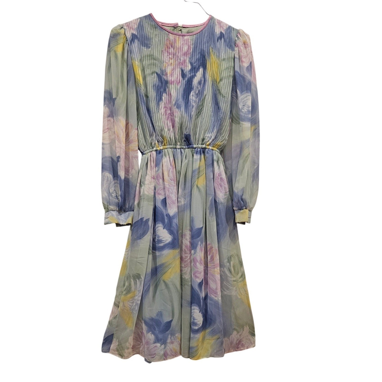 Vintage Lisa Michaels Floral Pleated Midi Dress Blue Lavender Size 8 Made in USA