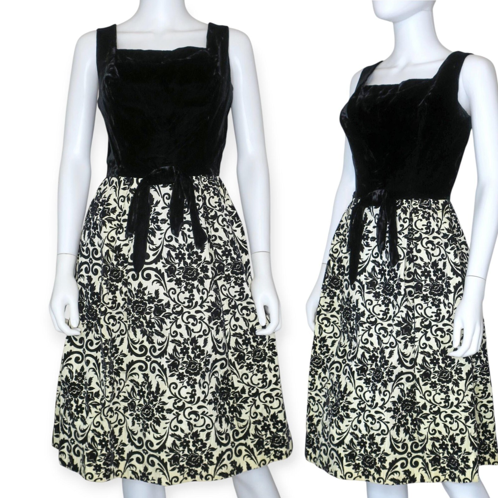Vintage 50s Dress Black Velvet Bow Bodice Brocade Glam Party Women’s Small