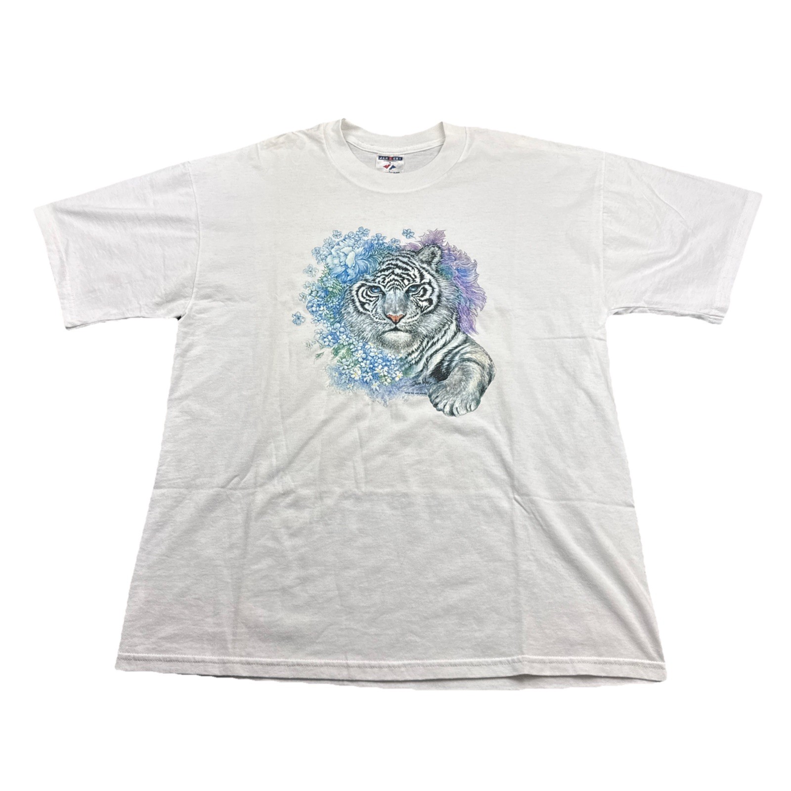 VINTAGE 90s Floral Nature White Tiger Tee Air Waves by Joan Marie Size Large EUC