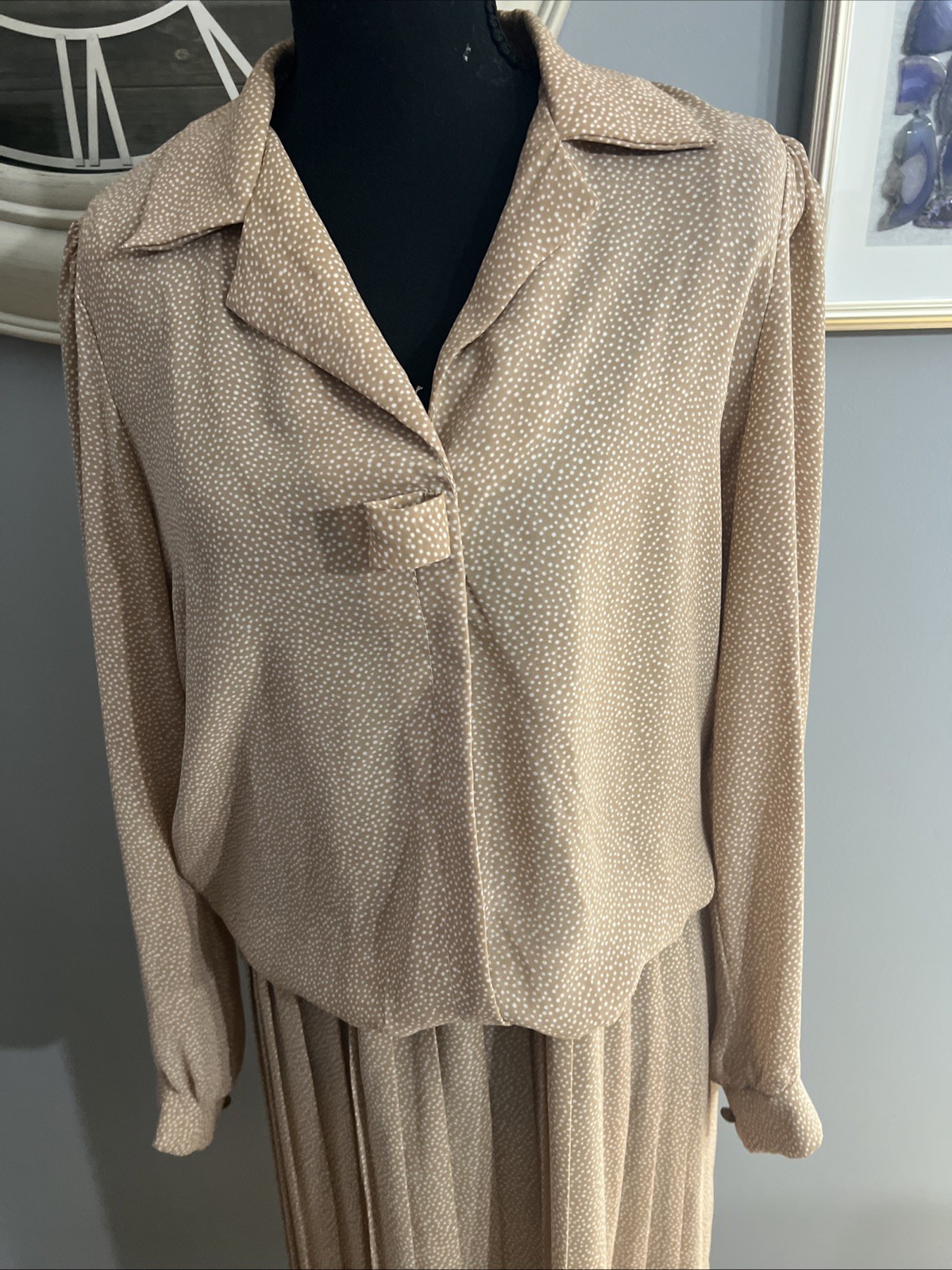 Vintage Breli Dress Size 14 Tan Polka Dots White Polyester