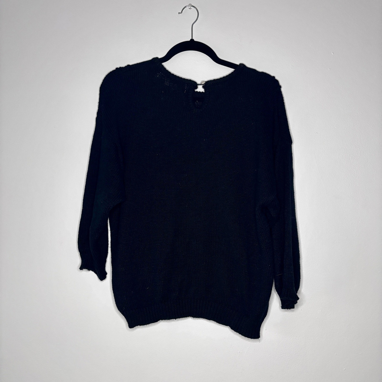Vintage 1980s Shenanigans Black Sweater Appliqué Embroidery Beaded Mod Large