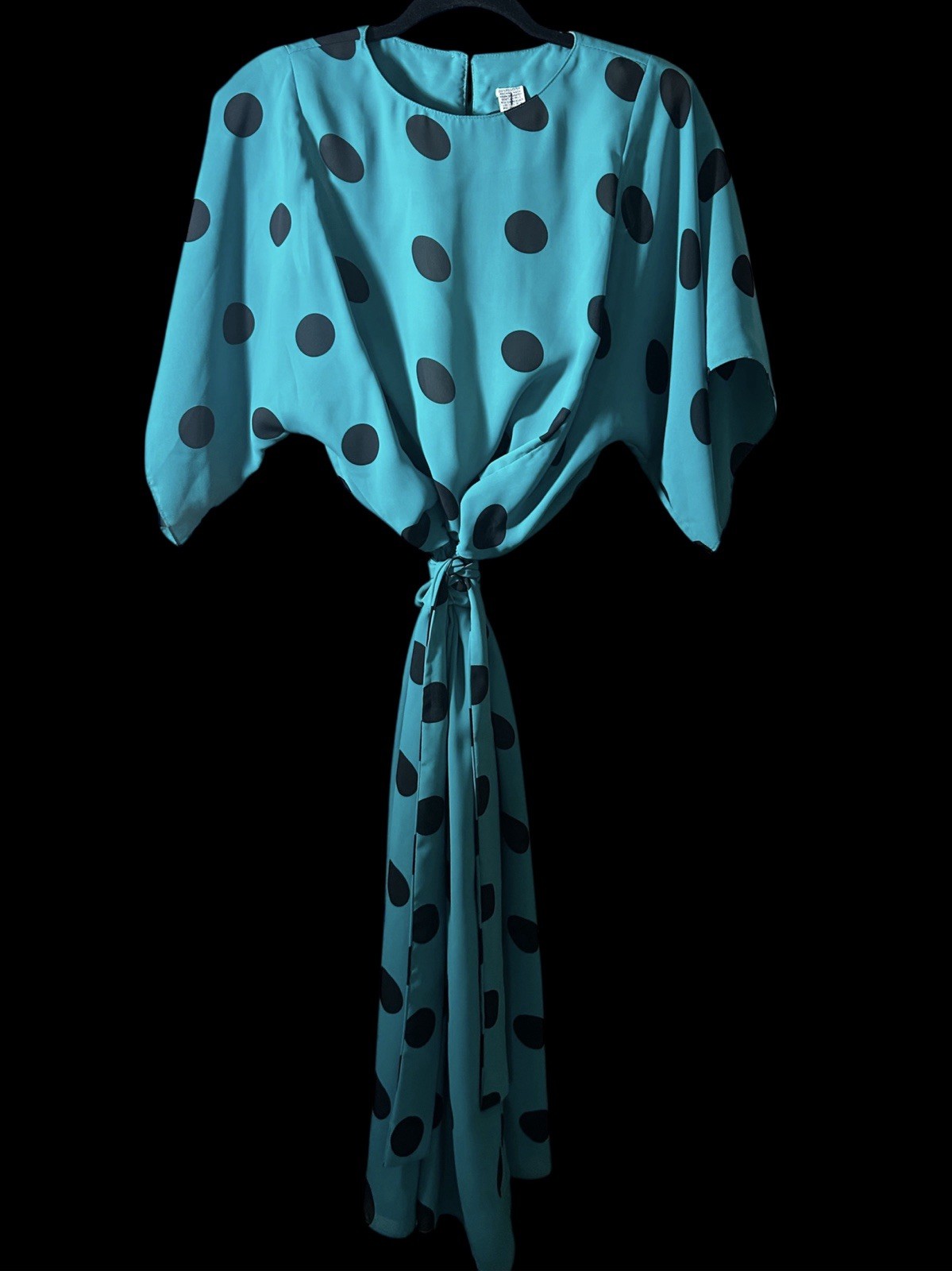 Vintage Silky Black Polka Dot Teal Blouson Belted Midi Dress Totally 80s Size 8