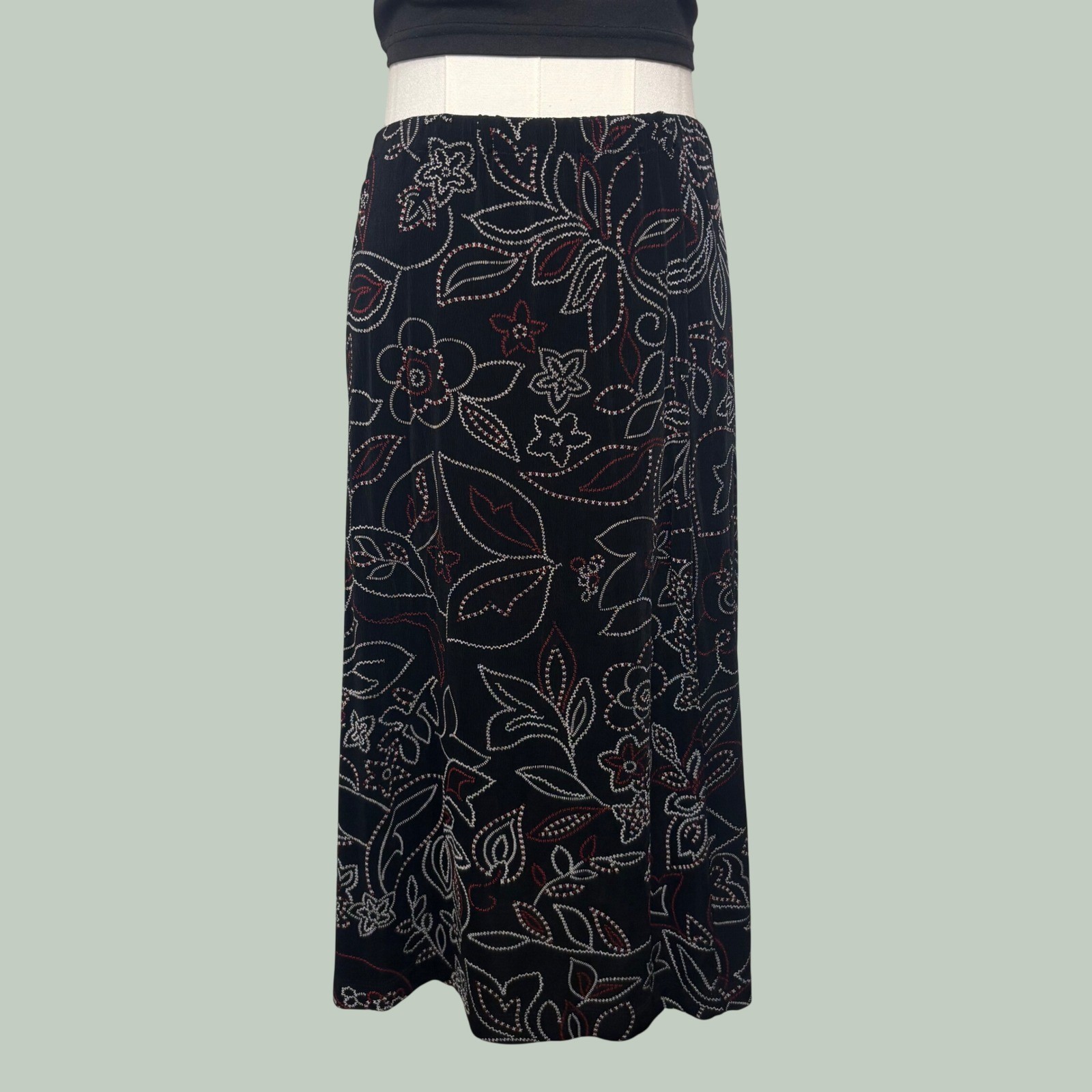 Y2K whimsigoth black white red stitch floral midi skirt grunge fairy cottagecore