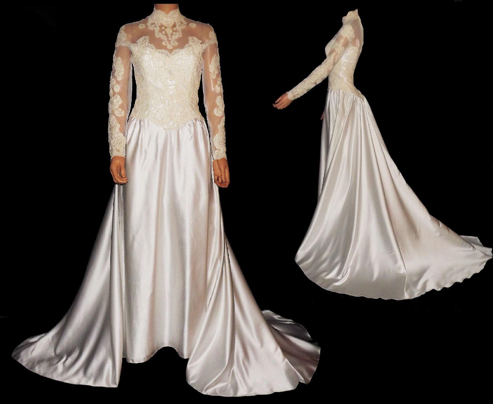Liquid Satin Silk Wedding Dress Illusion Lace Ivory A-Line Bridal Gown