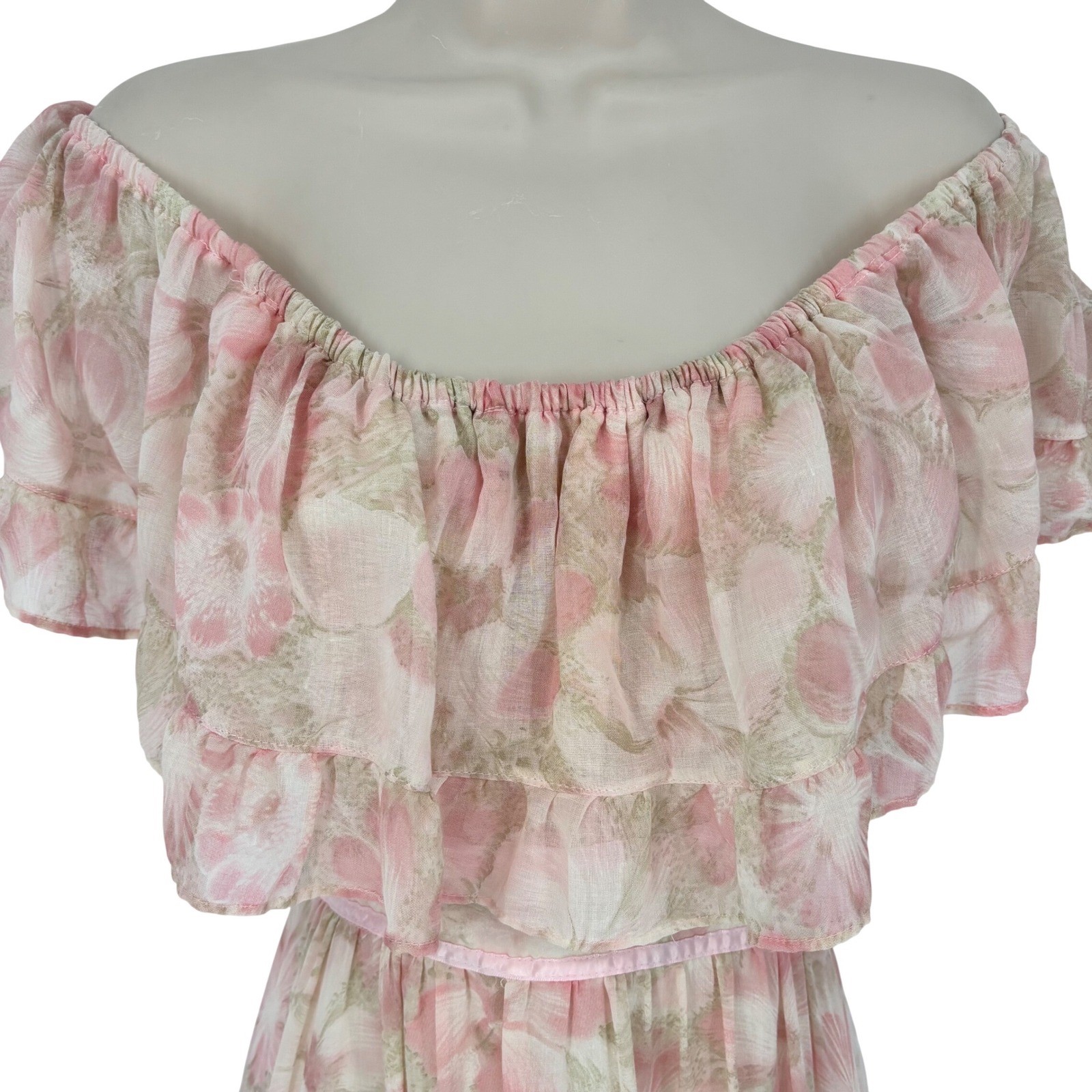 Vintage Candi Jones California Pink Floral Off Shoulder Ruffle Maxi Dress 70s