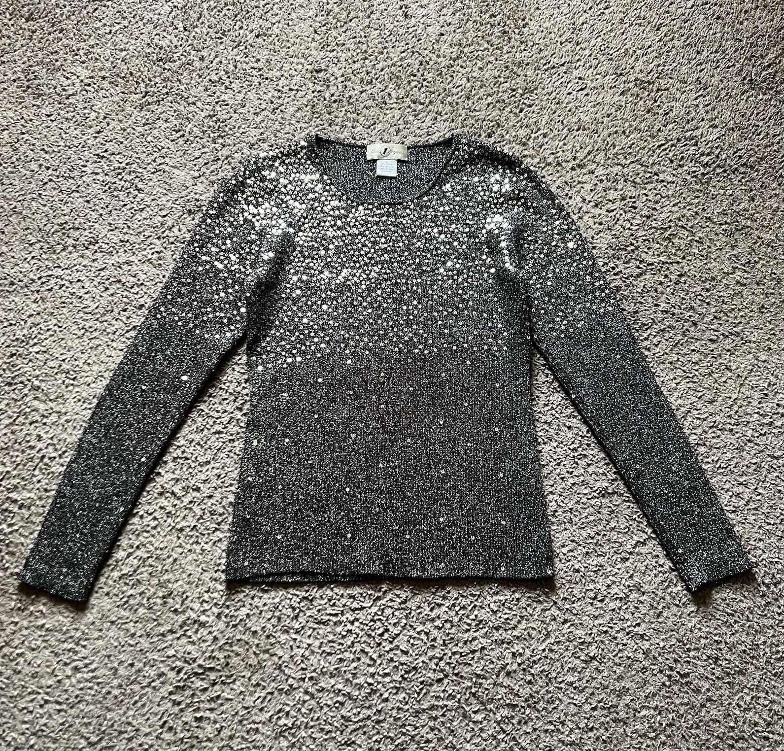 Vintage Y2K 90s Evening Top L Silver Sequin Metallic Knit Long Sleeve Whimsigoth