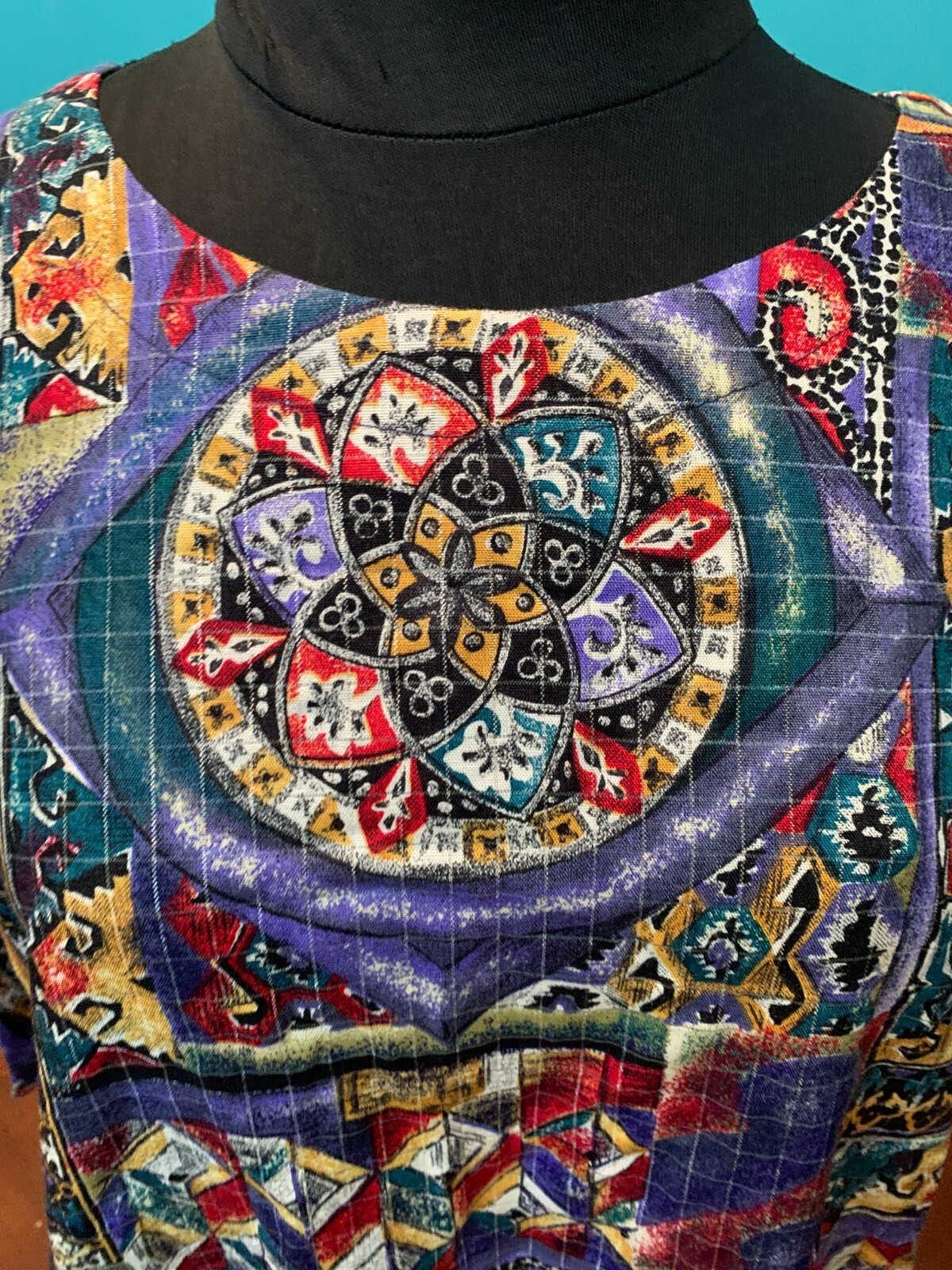 Vintage 90’s Multi Color Multi Pattern Rayon Top- 16, Purple Yellow Red Metallic