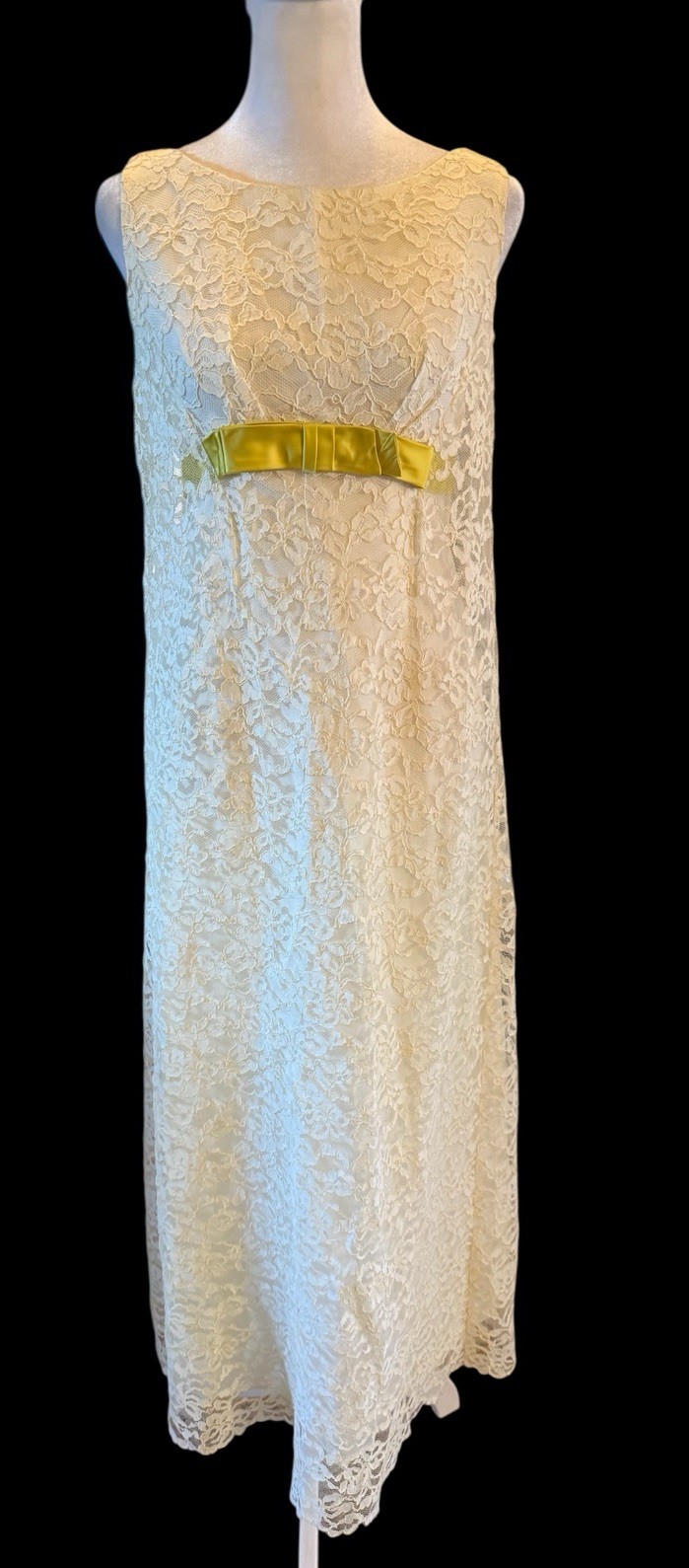 Victorian Ivory Lace Slip Dress 1960s Floral Long 53” SZ 9 Chartreuse Ribbon