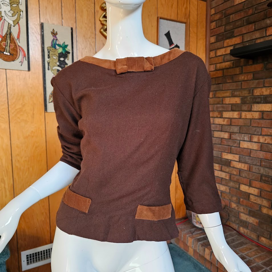 Vtg 1940s Chocolate Brown Wool Sweater Scoop Top Corduroy Peplum Bow 40s Shirt M