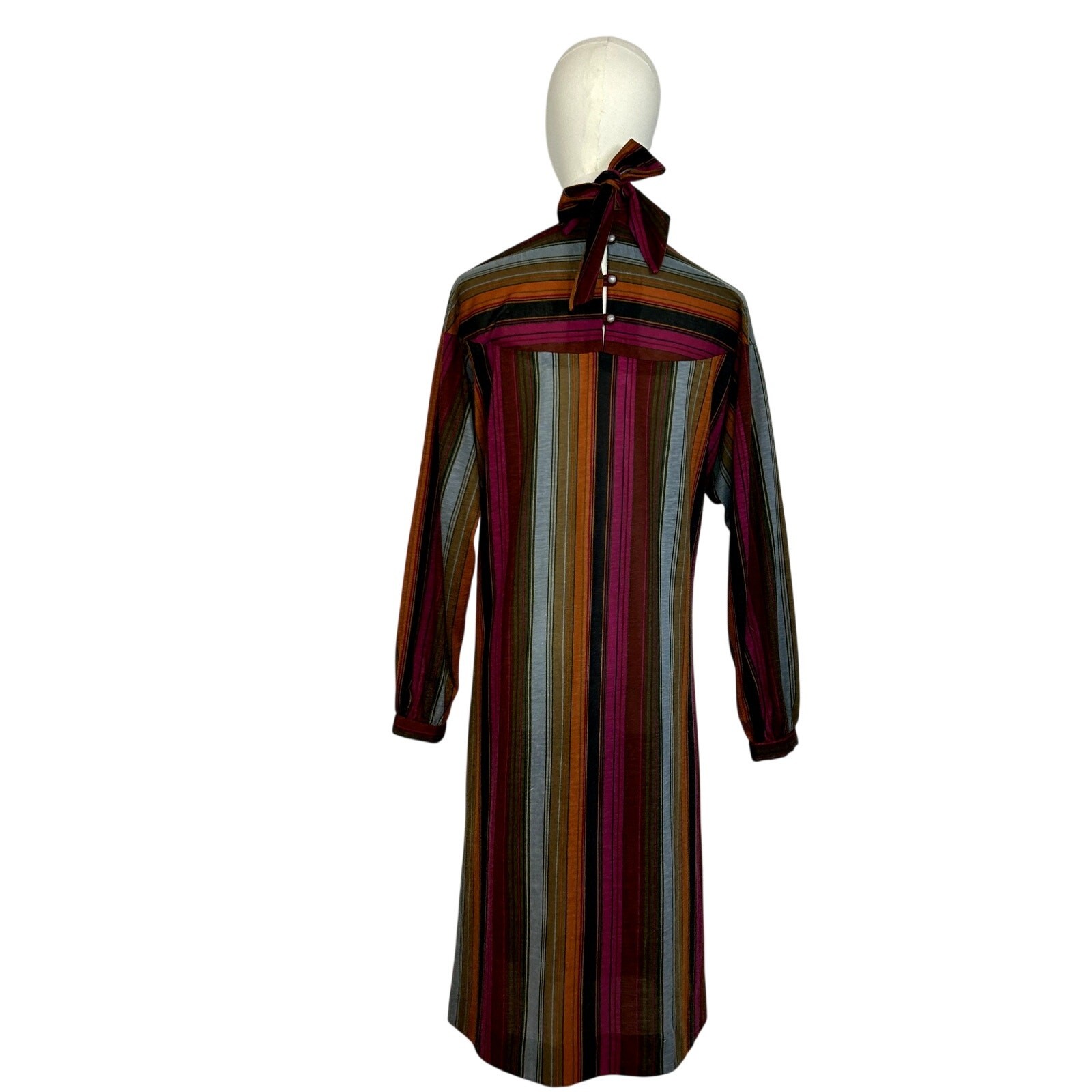 VTG 70s Knit Turtleneck Midi Dress L Pussy Bow Multicolor Bespoke Retro Twee