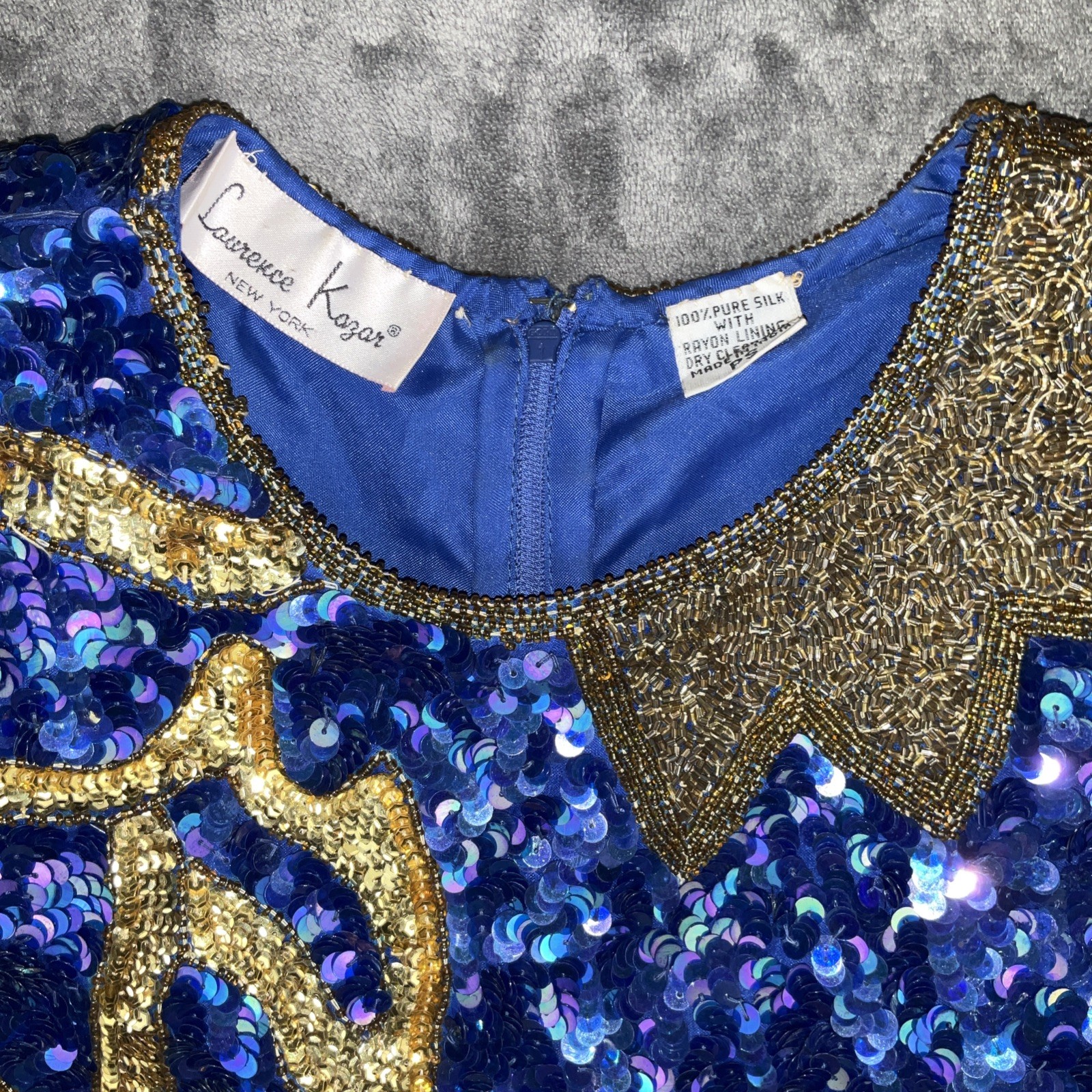 Vintage 1980s Silk Sequin Beaded Short Sleeve Laurence Kazar Dress Blue Gold PS