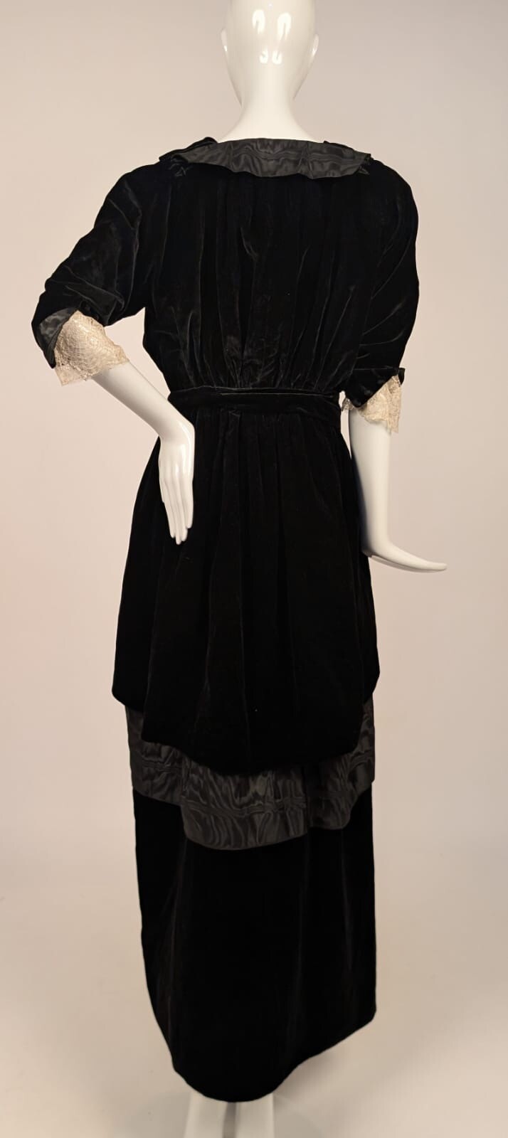 OPULENT EDWARDIAN SILK VELVET + WATERED MOIRE DRESS W LACE SLEEVES