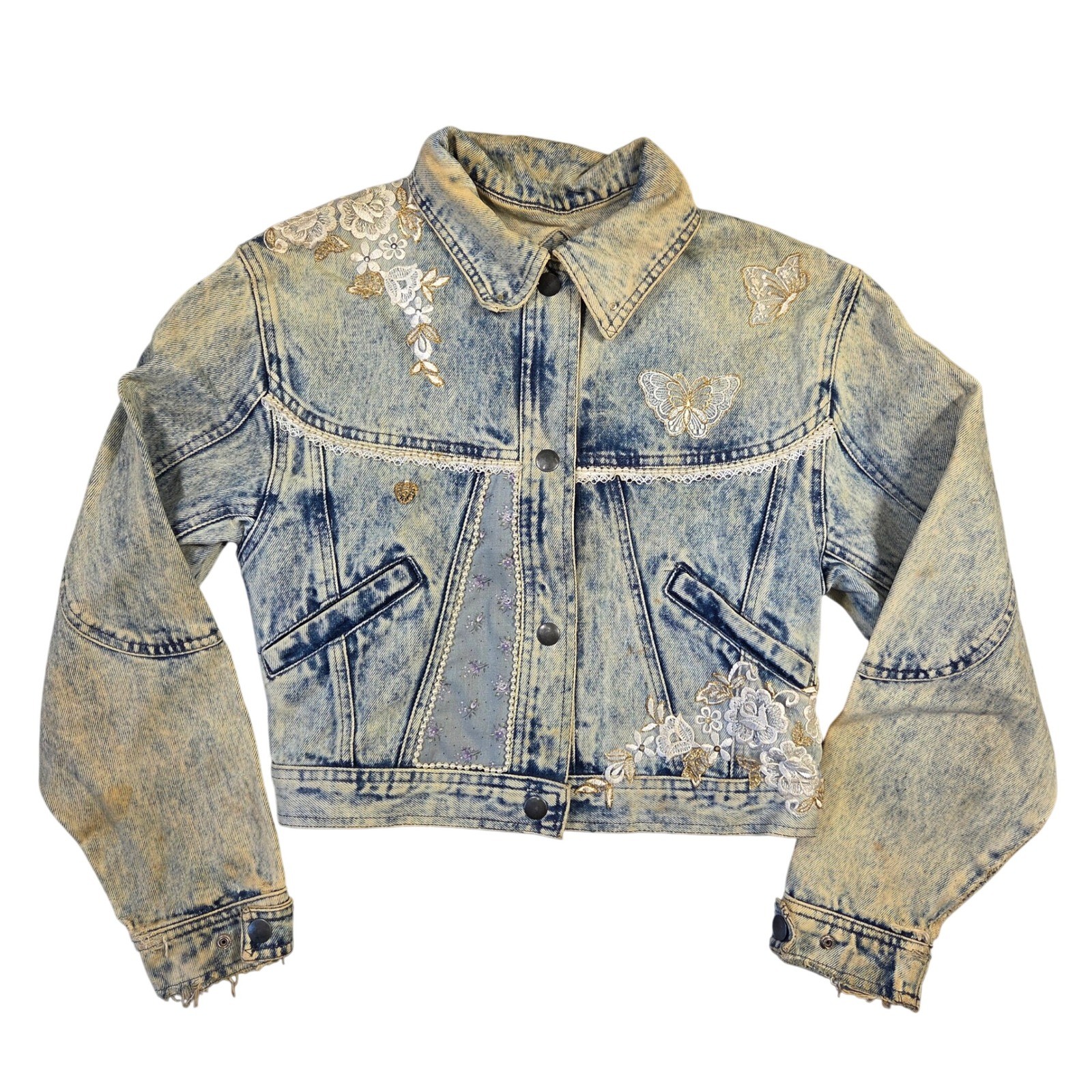 Vintage YR Acid Wash Upcycled Denim Jacket Butterflies Lace Crop S Retro Y2k