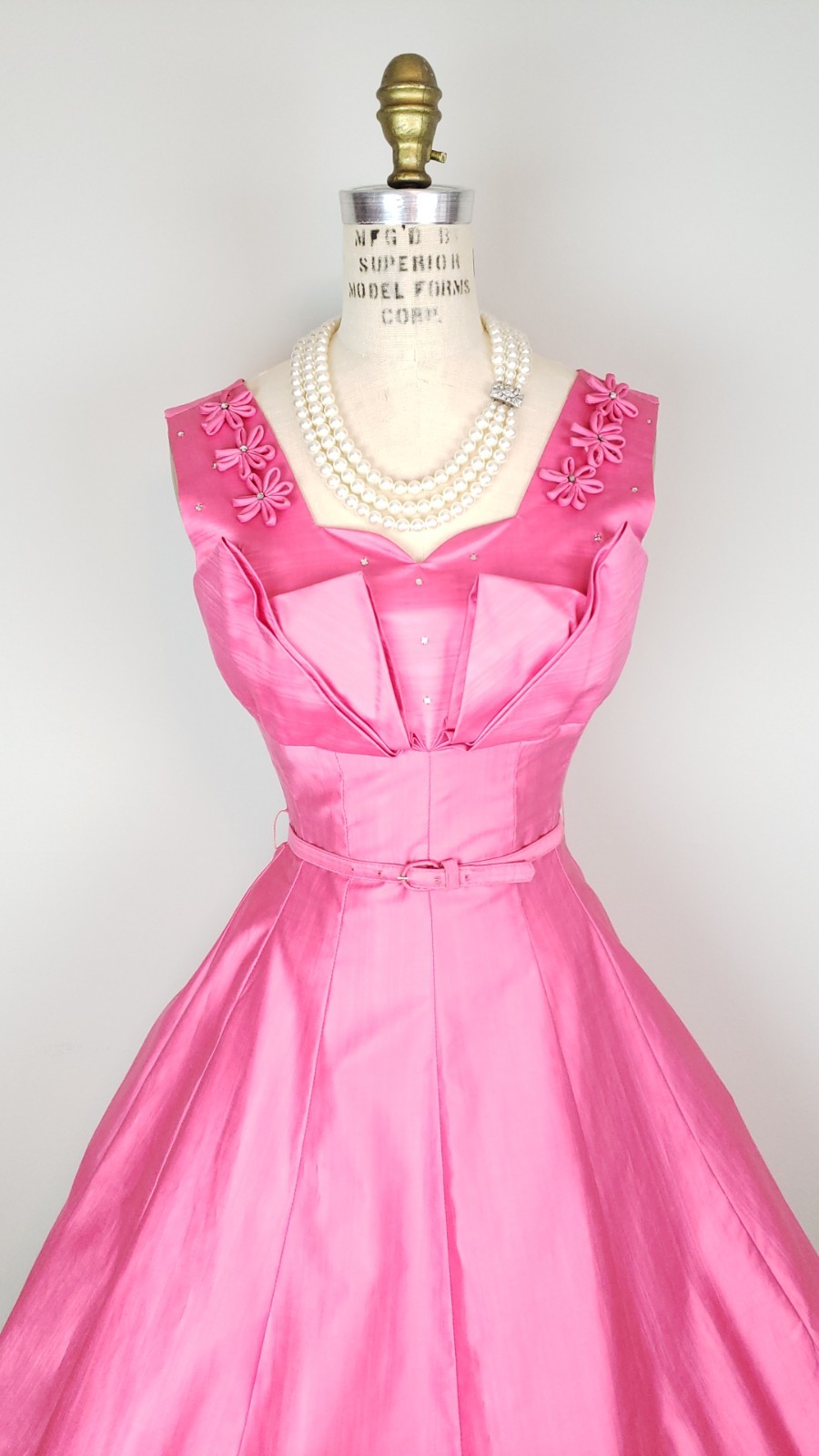 Vintage 1960’s Hot Pink Party Dress Rhinestone & Floral Details Ladies Size Sm