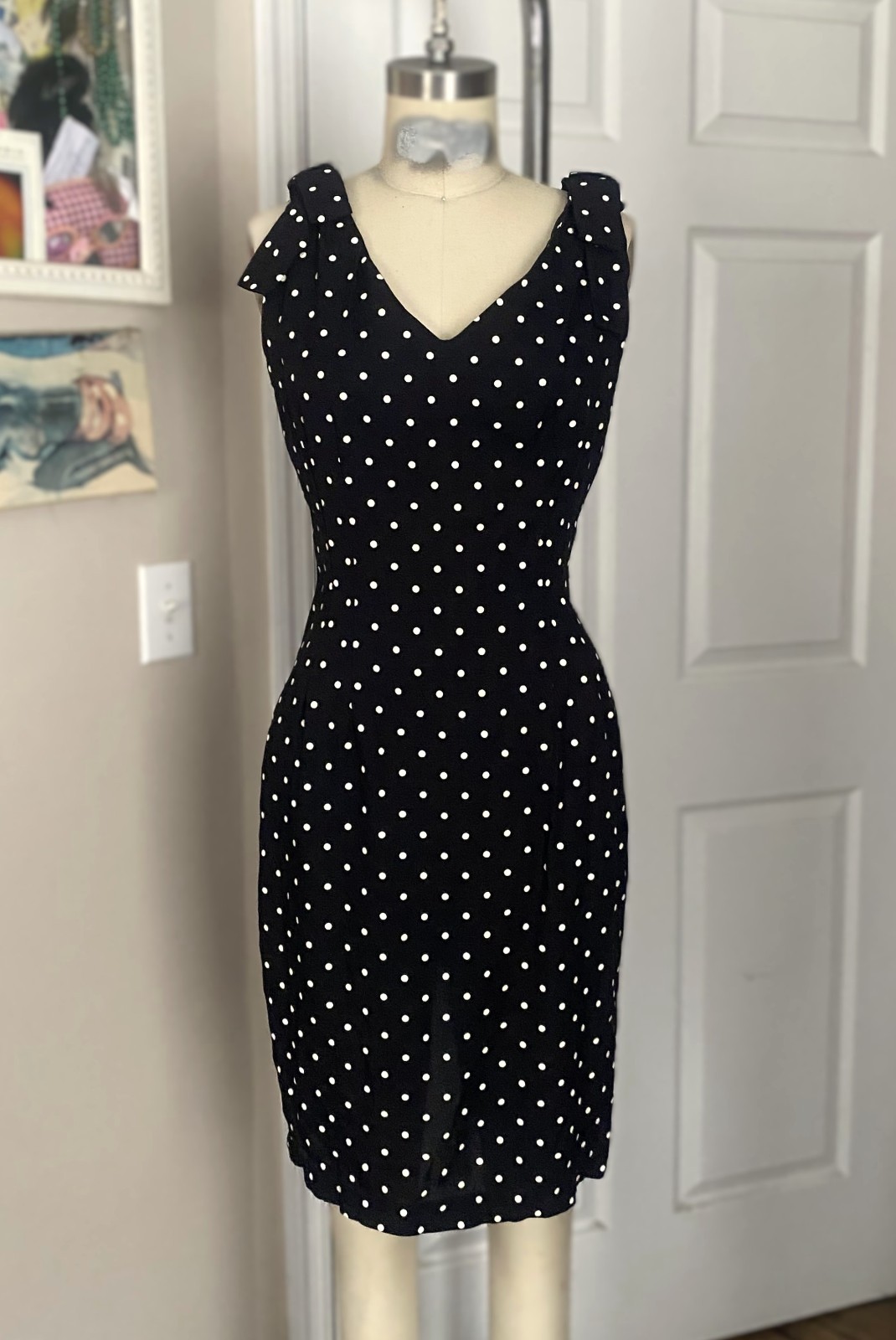 VINTAGE 1990s BREAKIN’ LOOSE Black Polka Dots BOW Mini Slip Dress *SMALL*
