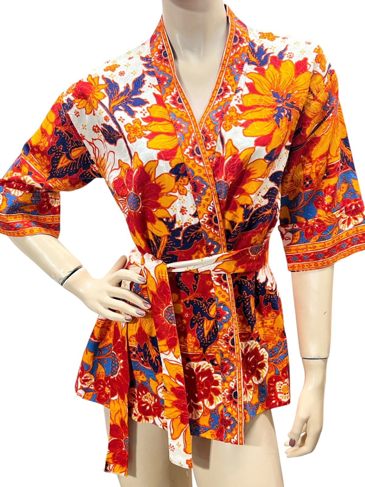 Vtg 70s Sz S~M Wrap Shirt Top Tie Belt Woven Textured Fabric Drop Shoulder