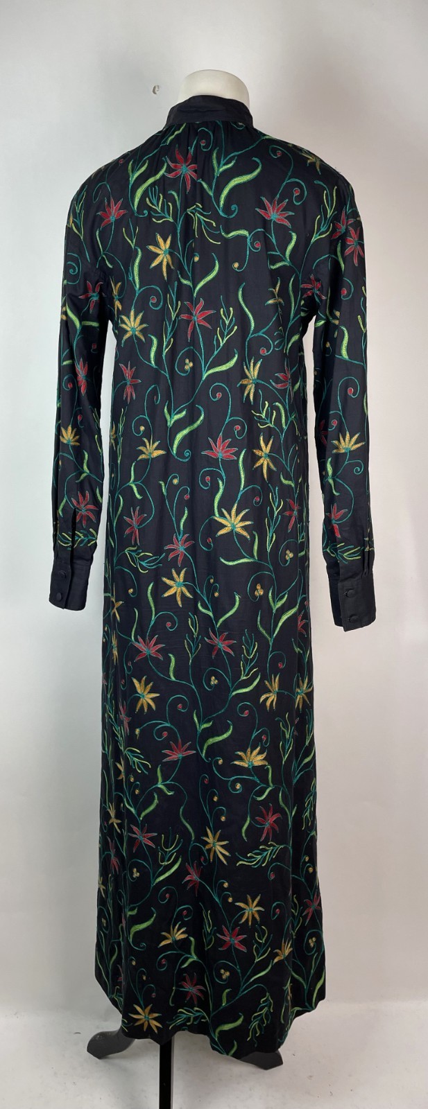 Vintage Y2K High Collar Black Embroidered Long Sleeve cotton shirt Dress M 38″