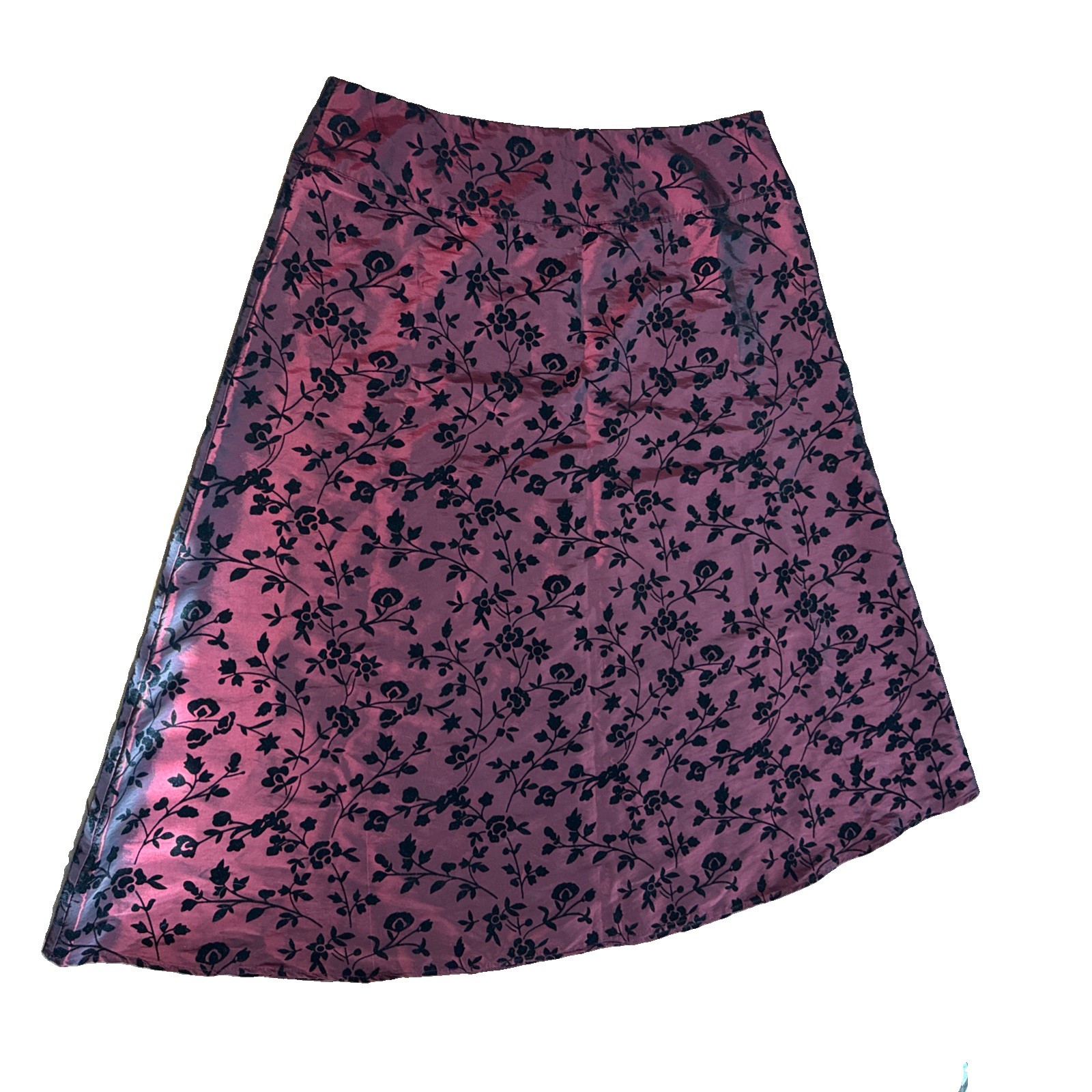 Vtg BFA Classics Crimson Red Taffeta & Black Burnout Floral/Vine Pattern Skirt