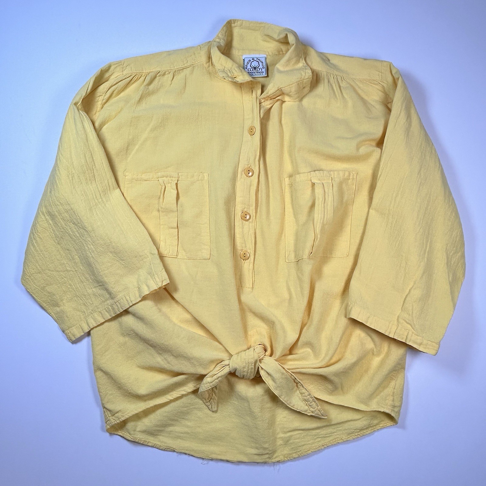 Vintage 80’s Bright Yellow Cotton Tie Front Shirt Blouse Aries & Taurus size M/L