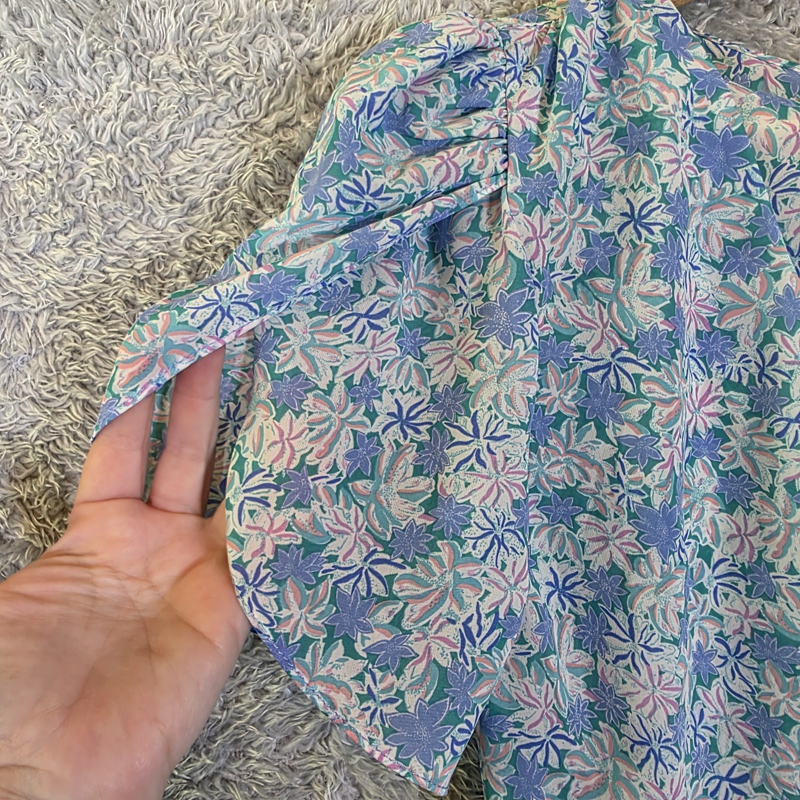​Vtg 80s Peplum Blue Floral Wrap Dress Puff Sleeve Ruffles Cottagecore S M USA