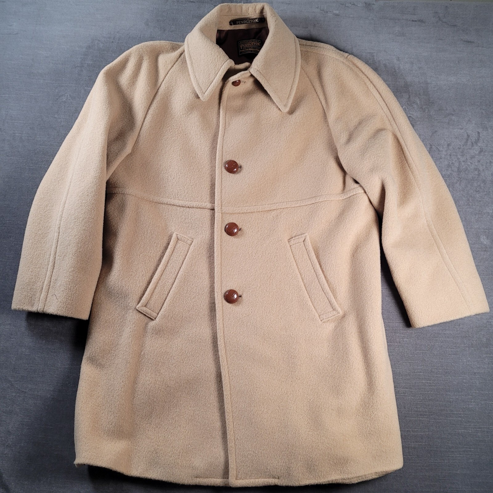 Vintage Pendleton Womens Virgin Wool Tan Peacoat Double Breasted Long Large