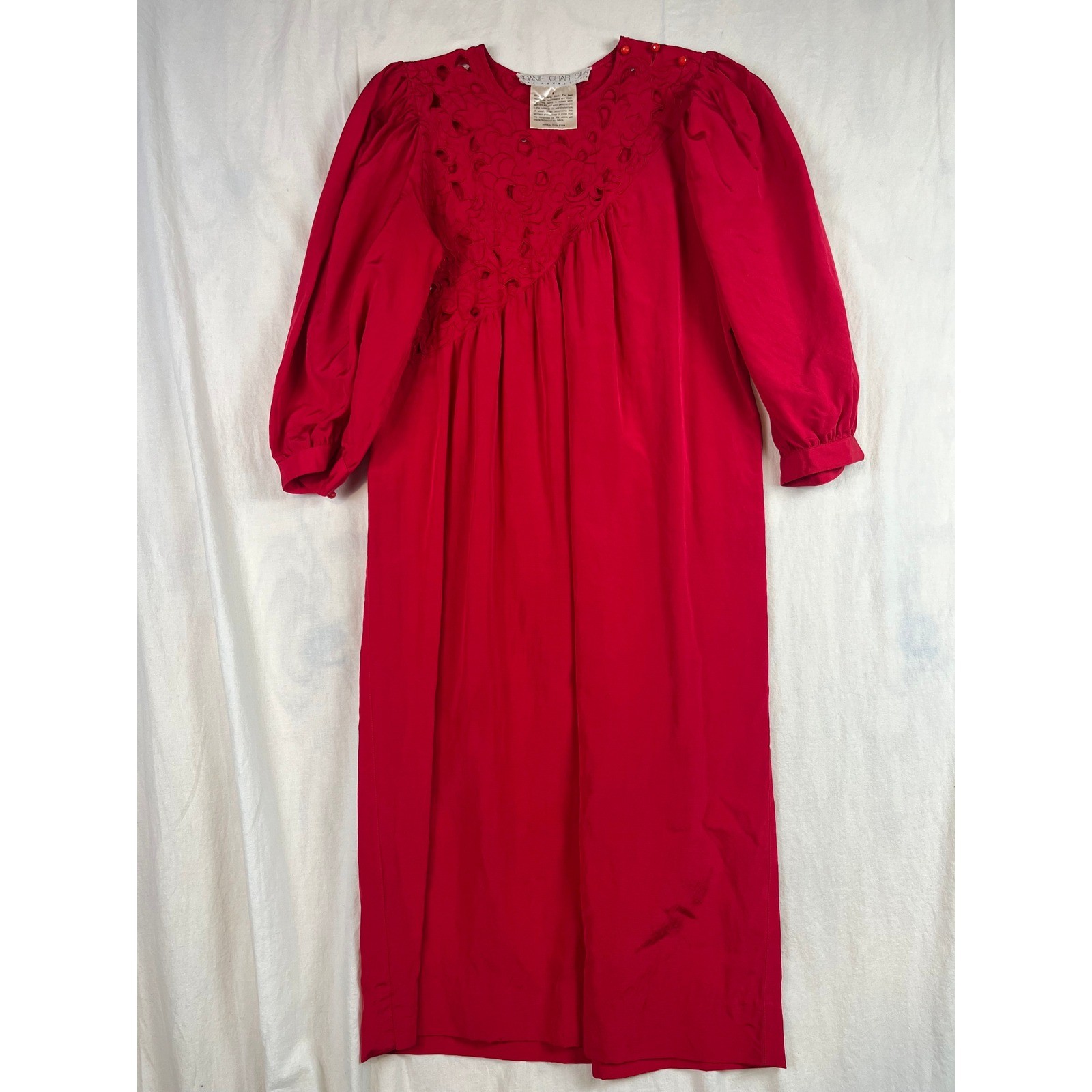 Joanie Char Silk Wool Red Vintage Midi Dress Embroidery Puff Sleeve Womens 6