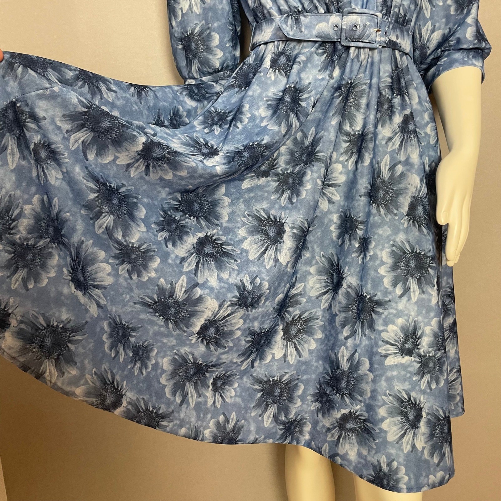 Vintage 80s Floral Dress Women Blue Belted Retro A-Line Belted Collared Eclectic