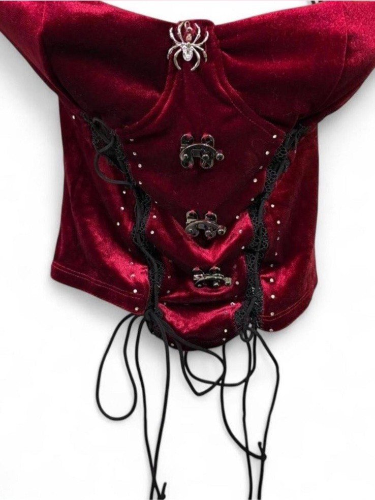 Red Velvet Bustier Corset Top Y2K Gothic Grunge Rave Festival, Medium