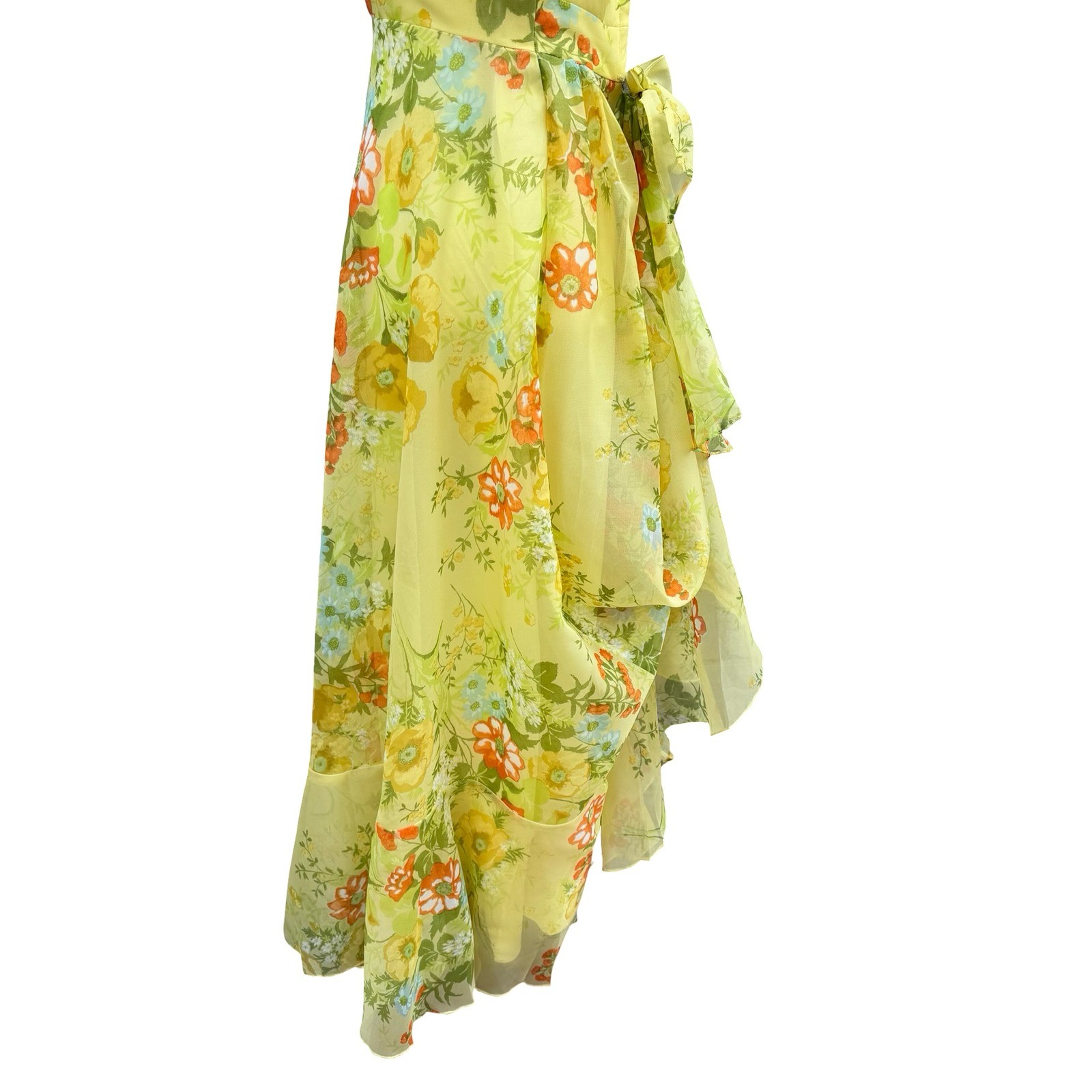 Vintage 70s Butter Yellow Floral Cottagecore Chiffon Ruffle Tiered Maxi Dress XS