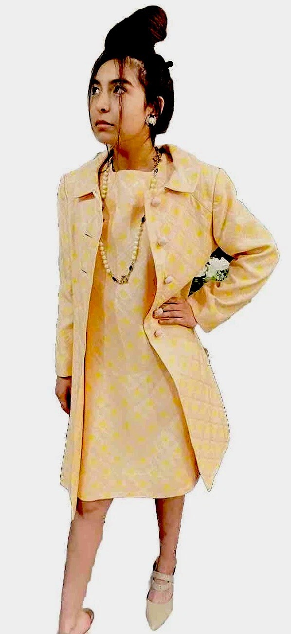 1960’s Pink Yellow Brocade Easter Spring Wedding Union Made Dress Coat Suit Sz 8