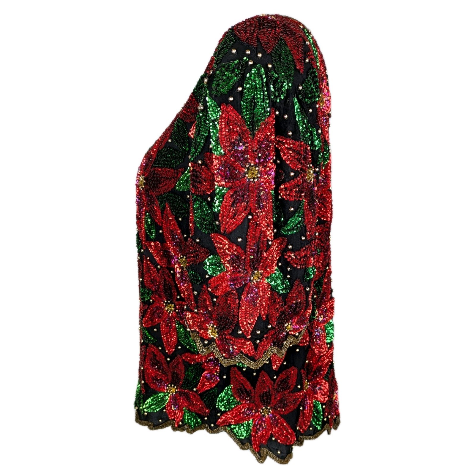 Vintage Laurence Kazar 3X Beaded Sequin Poinsettia Christmas Top Bling Evening