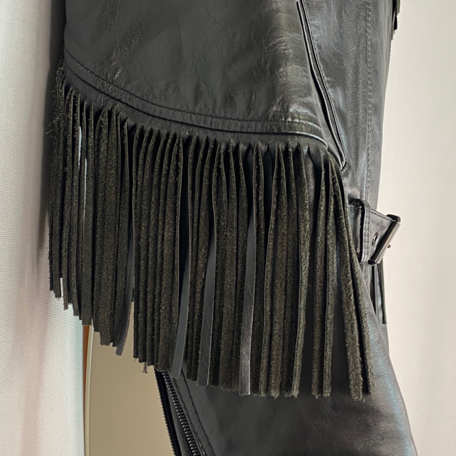 Vintage black leather fringe jacket women’s S M moto rocker biker TAURUS