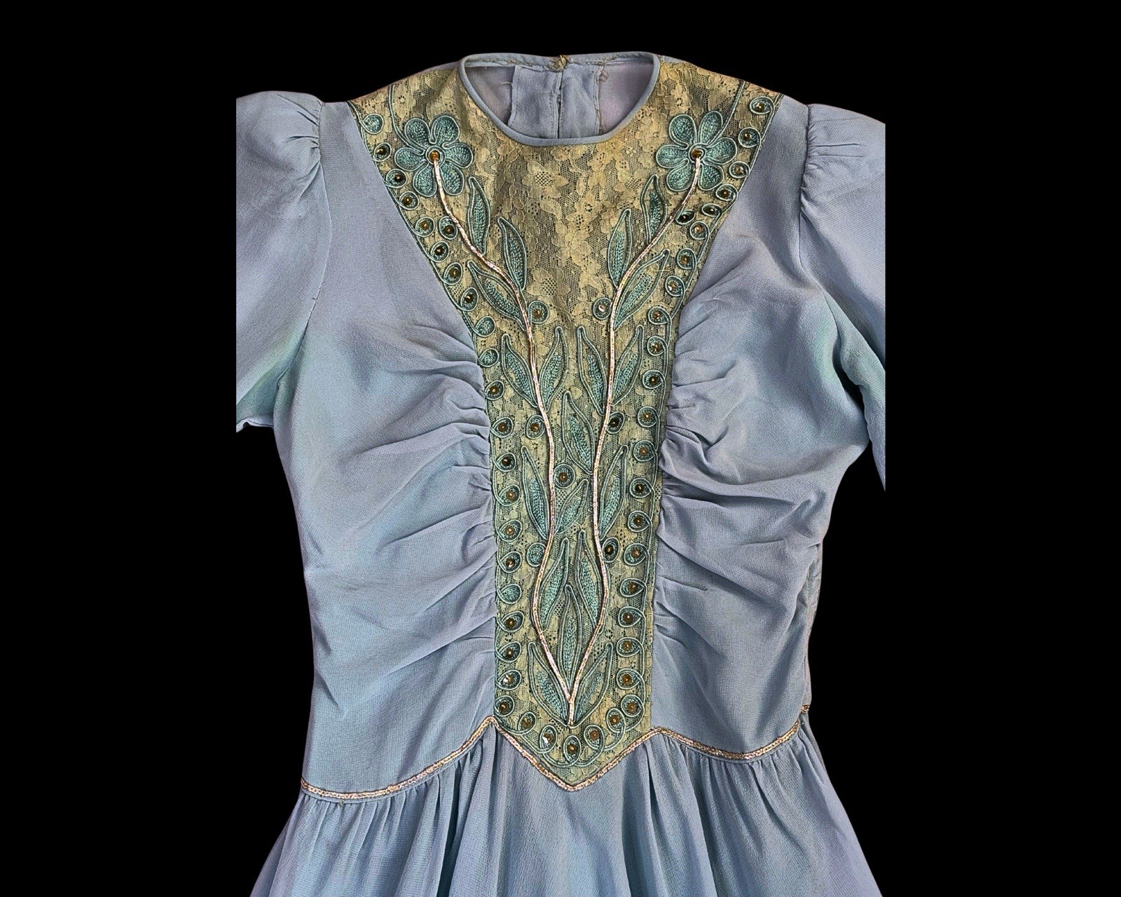 1940s Soft Blue Rayon Crepe and Lace Sequin embellished Strong Shoulder | XXS