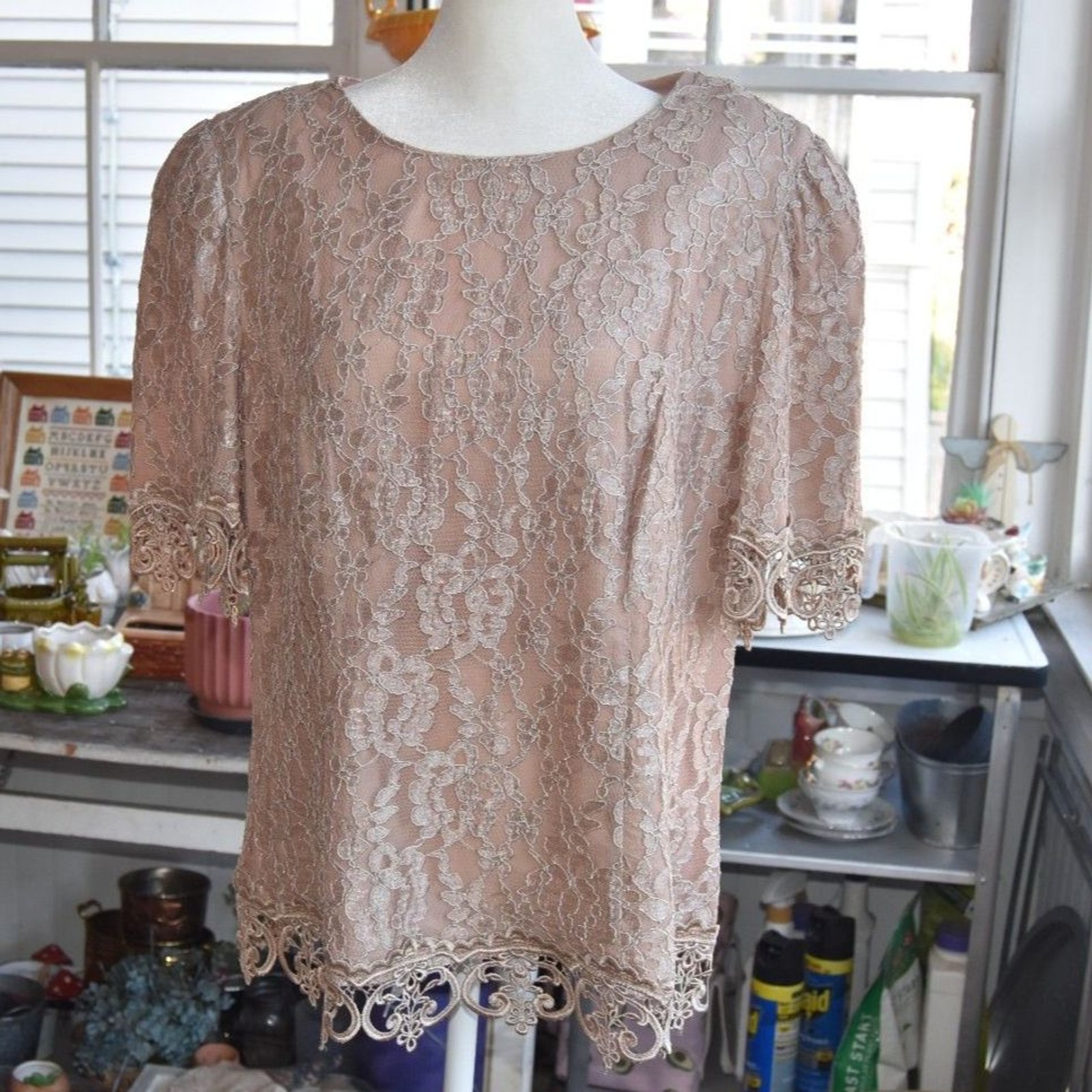 Vintage Cachet Lace Blouse Brown Sheer Evening Top Romantic Boho XL