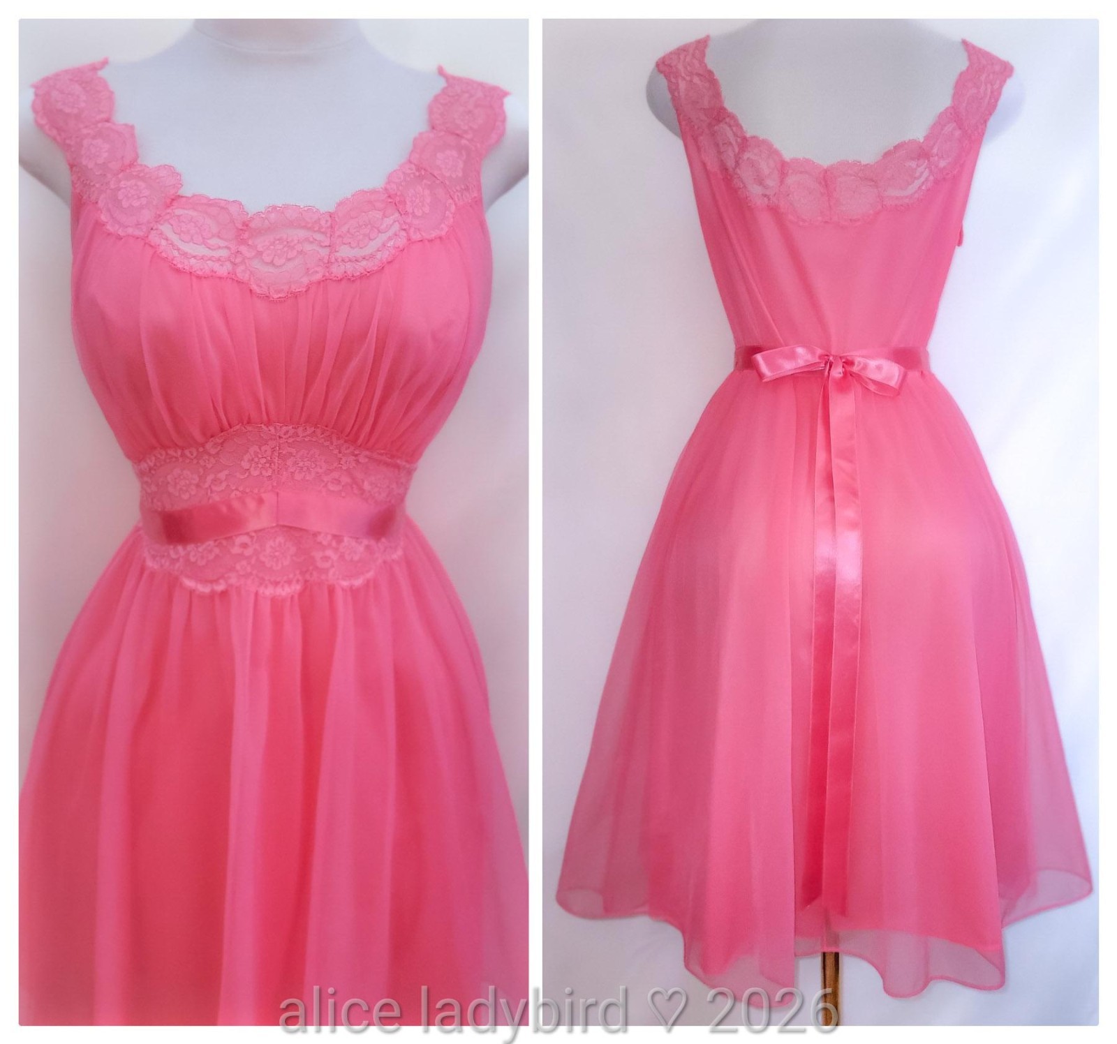 Vintage VANITY FAIR Babydoll GOWN Sheer CHIFFON Lingerie Dress LACE Pink L 38-40
