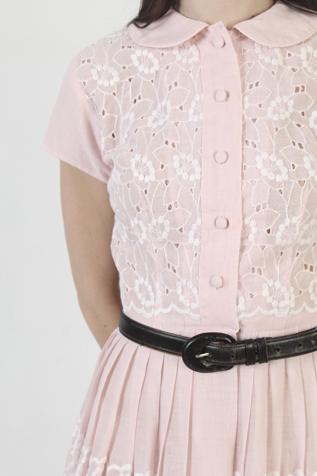 Vintage 50s Light Pink Embroidered Eyelet Dress Cocktail Mid Century MCM Skirt