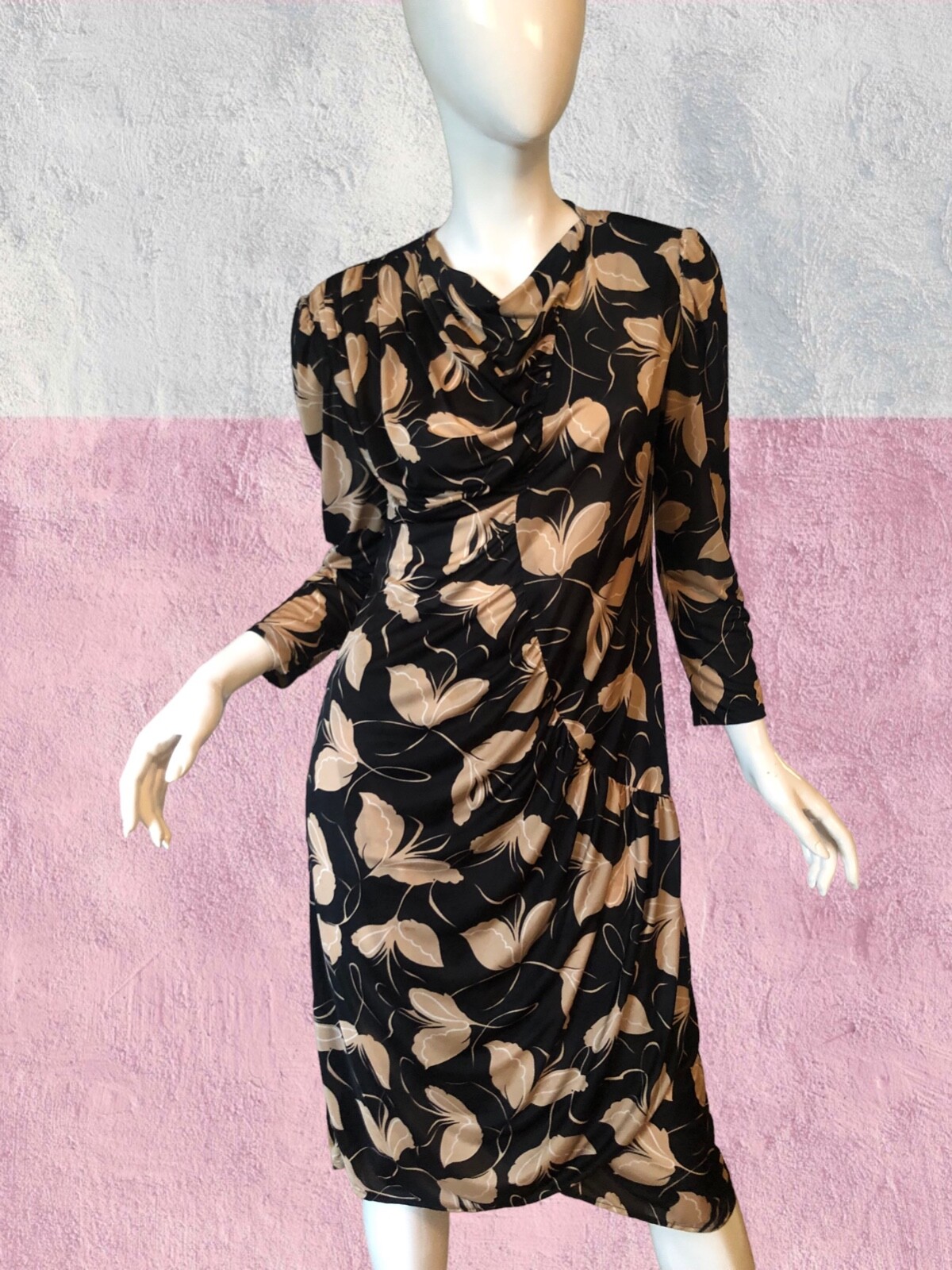 Vtg 70s 80s MATIQUE Dress M BUTTERFLY Print RUCHED Disco SECRETARY Wrap MIDI