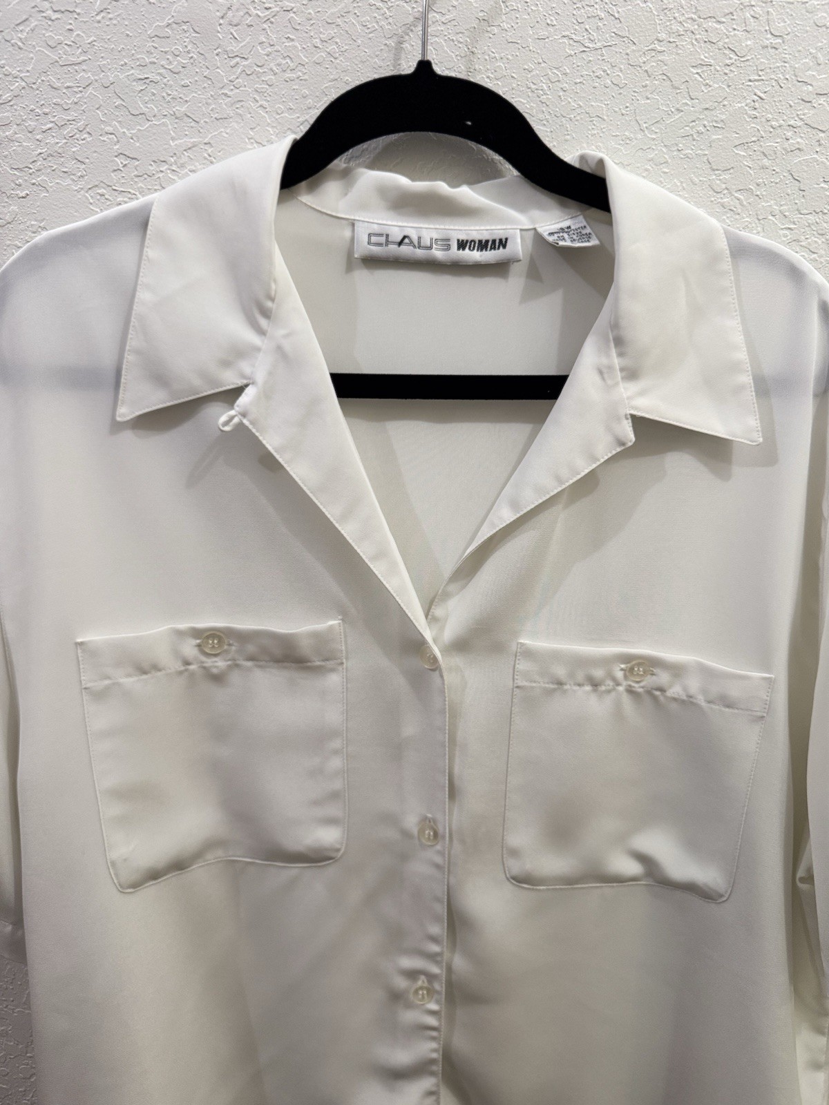 VTG Chaus Woman Off White Button Up Blouse Two Pocket Minimalist Workwear 16W